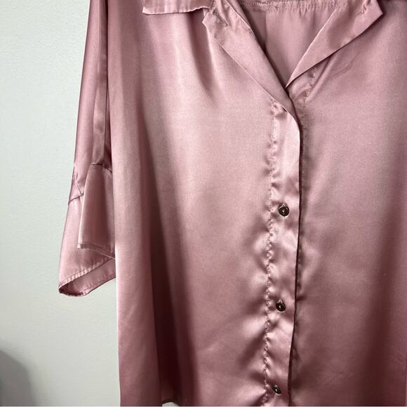 Satin Silky Button Down Top Short Sleeve Collar - Picture 3 of 6